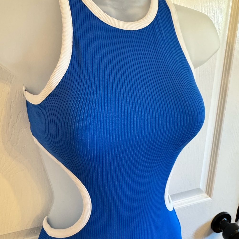 REVOLVE Royal Blue Ribbed Midi Dress with White Trim